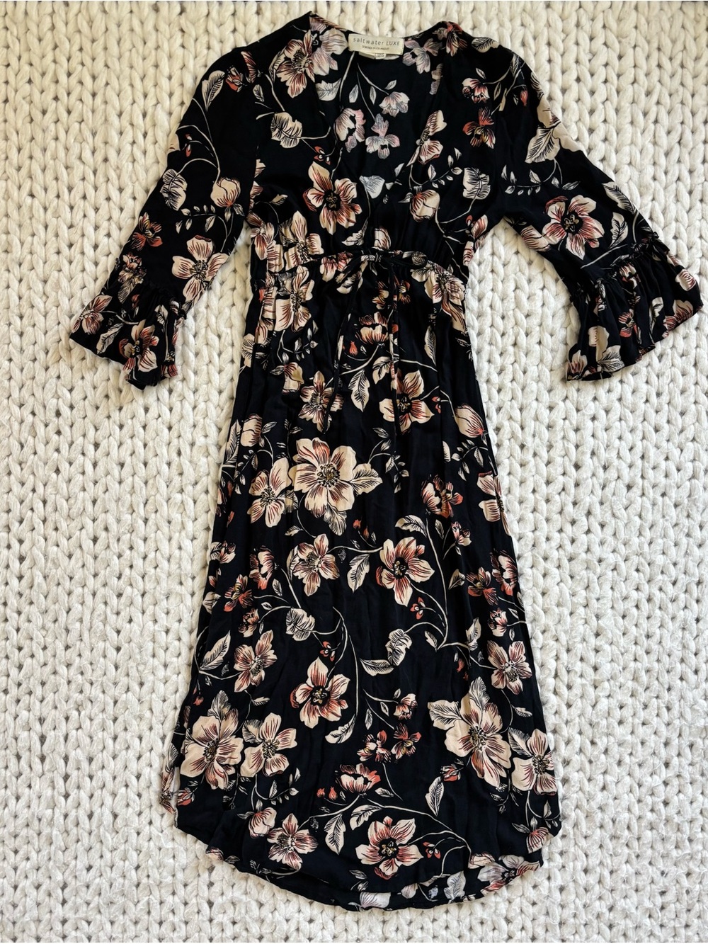 Boho Festival Black Floral Midi Dress with Tie Waist
